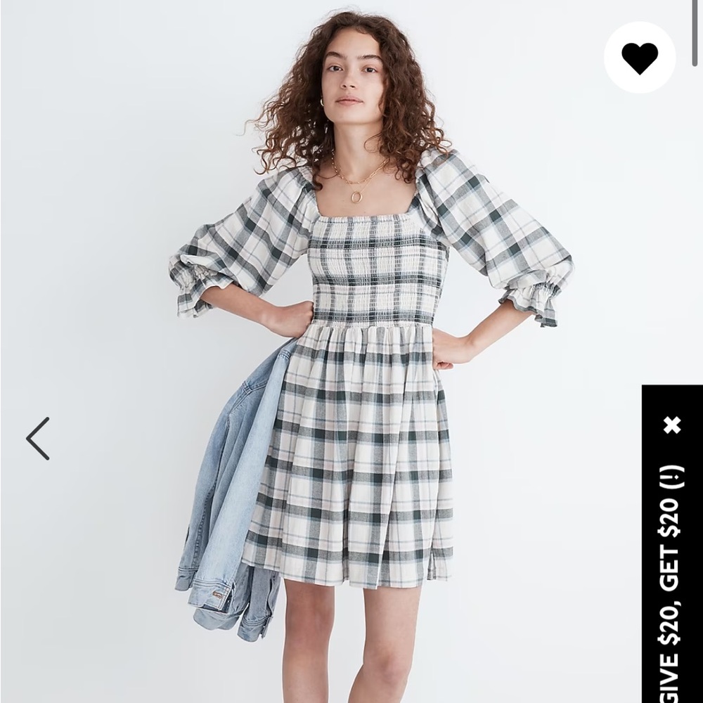 Madewell Lucie Elbow-Sleeve Smocked Mini Dress in Lebaum Plaid NWOT
